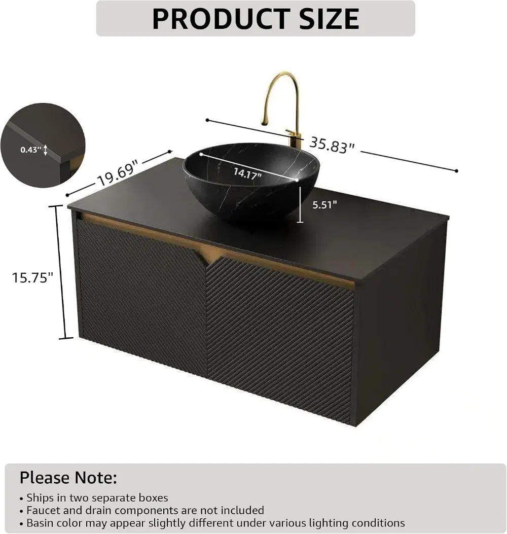 36 Inch Black Sintered Stone, Black Marble-Pattern Ceramic Bathroom Vanity Bathroom