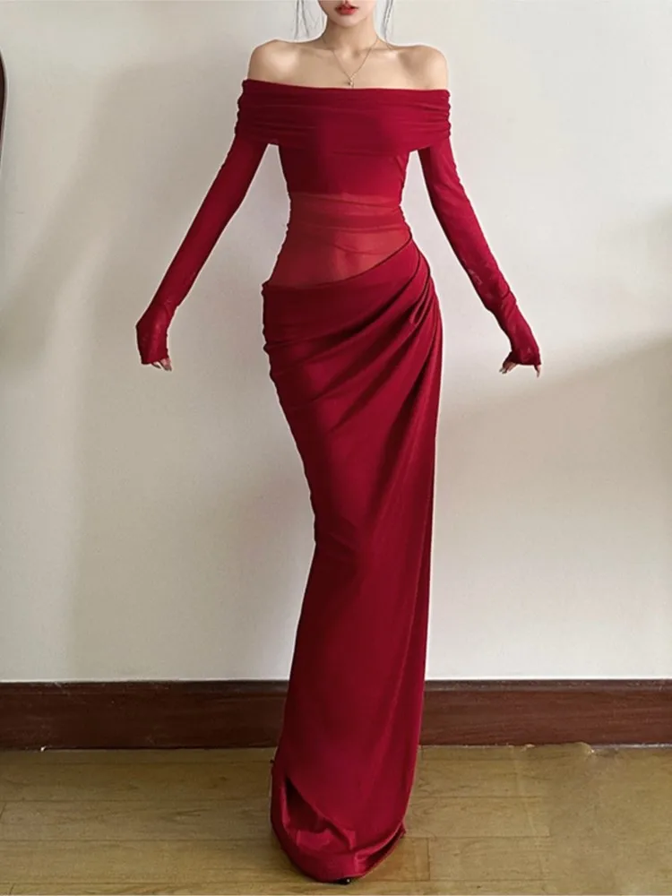 

Dresses 2025 Woman One-length Tulle Hollow Long Skirt Dress Temperament Elegant Solid Color Vestidos Bodycon Long Sleeves Trendy