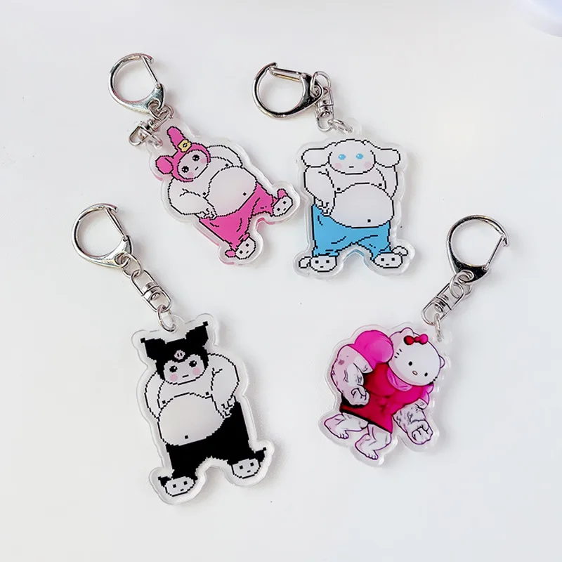 Hello Kitty Fitness Muscle Cinnamoroll Keychain Kawaii My Melody Kuromi Acrylic Children Toy Keyring Women Key Chain Gift