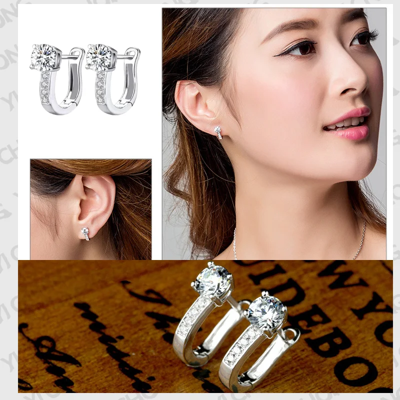 NEW Pearl U Type Zircon Earrings Silver Jewelry For Women Girl Pendientes Plata Brincos Button with S925 stamp Earrings