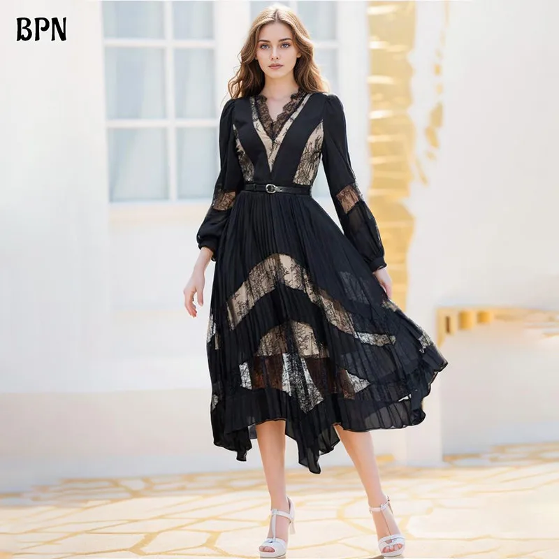 

BPN Temperament Patchwork Lace Dresses For Women V Neck Long Sleeve High Waist Spliced Belts Elegant Dress Female Clothing Style