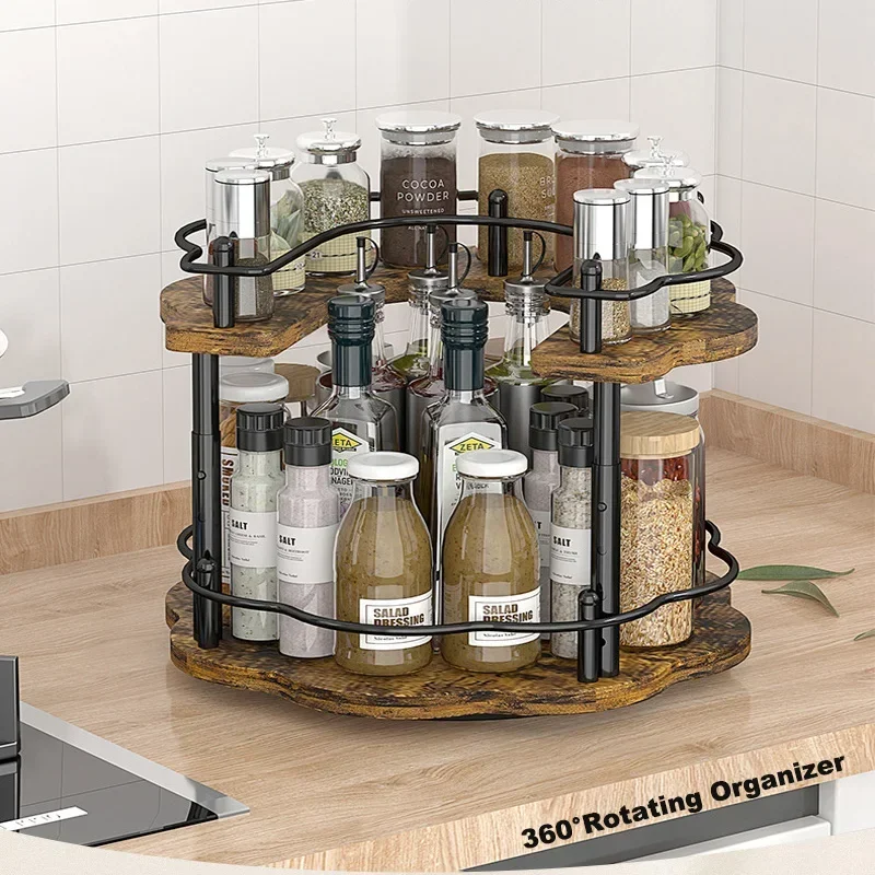 360° Spices Rack Rotating Seasoning Holder Storage Tray Organizer Wooden Oil, Salt, Soy Bottle Storage Rack for Kitchen