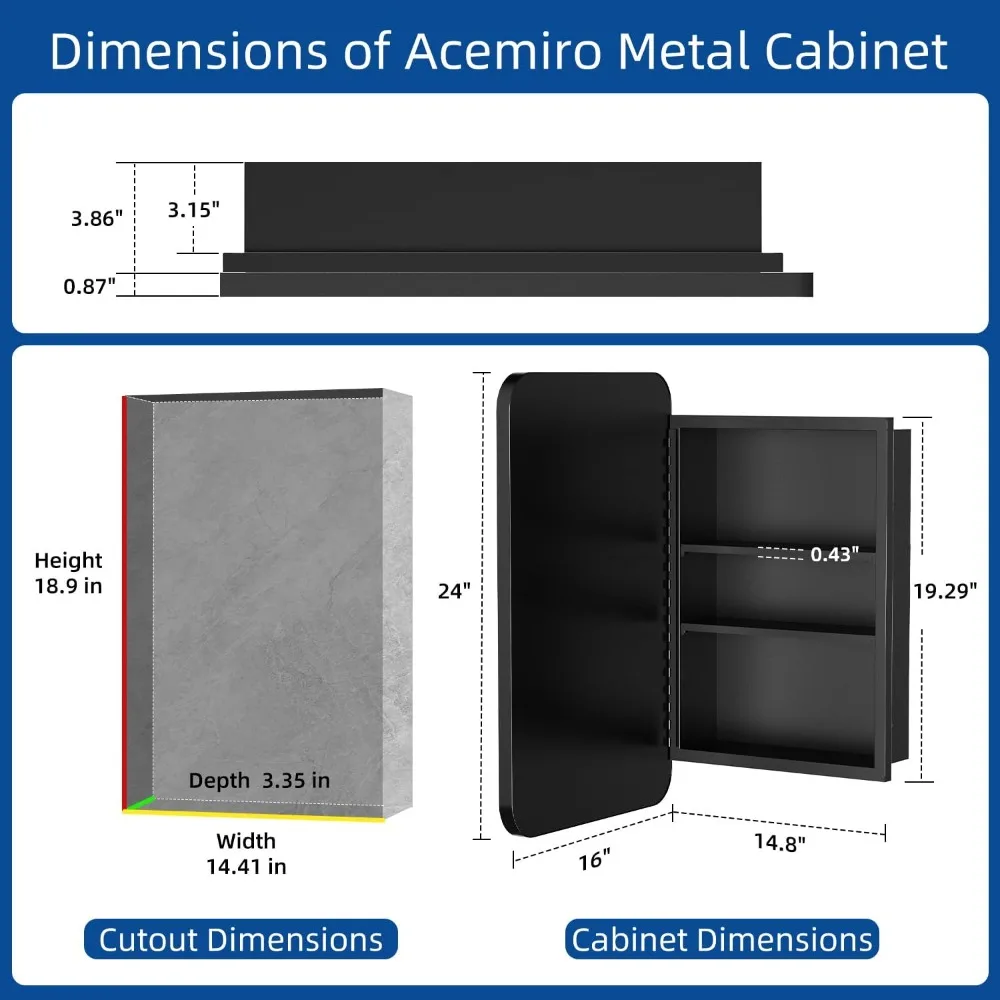 Lemari Obat Dinding Tersembunyi Ukuran 16x24 Inci dengan Cermin & Penyimpanan yang Dapat Disesuaikan - Bingkai Logam Modern untuk Dekorasi Rumah