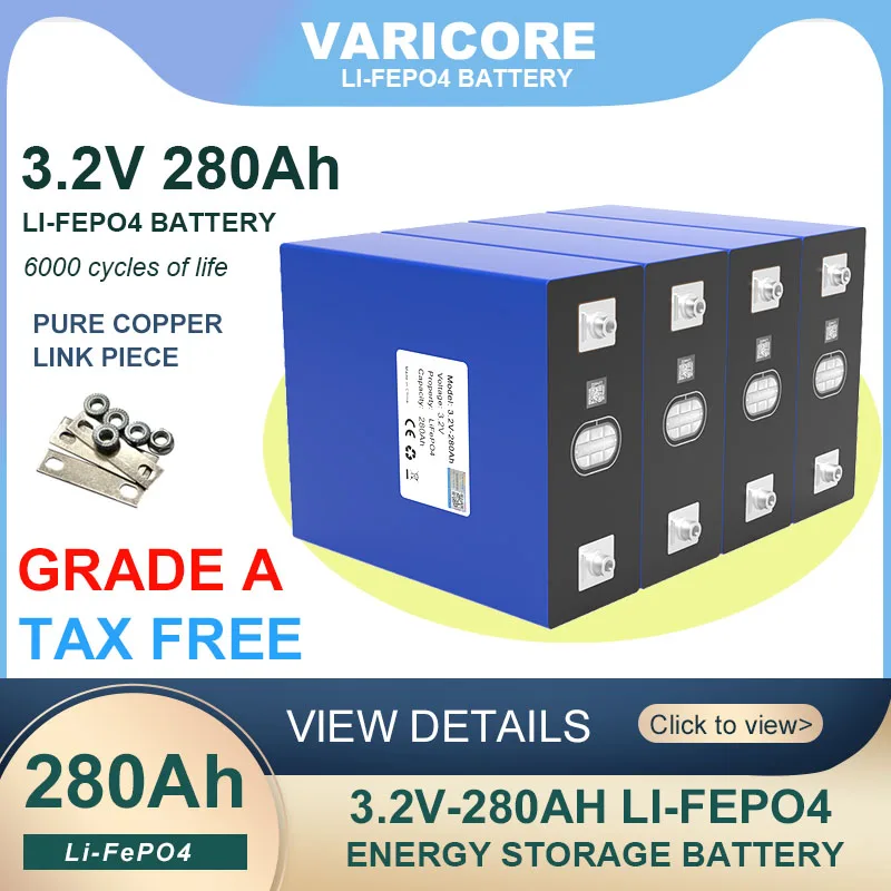 

Grade A 3.2V 280Ah lifepo4 battery DIY 12V 24V Rechargeable batteries for Electric car Solar Energy storage system Tax Free