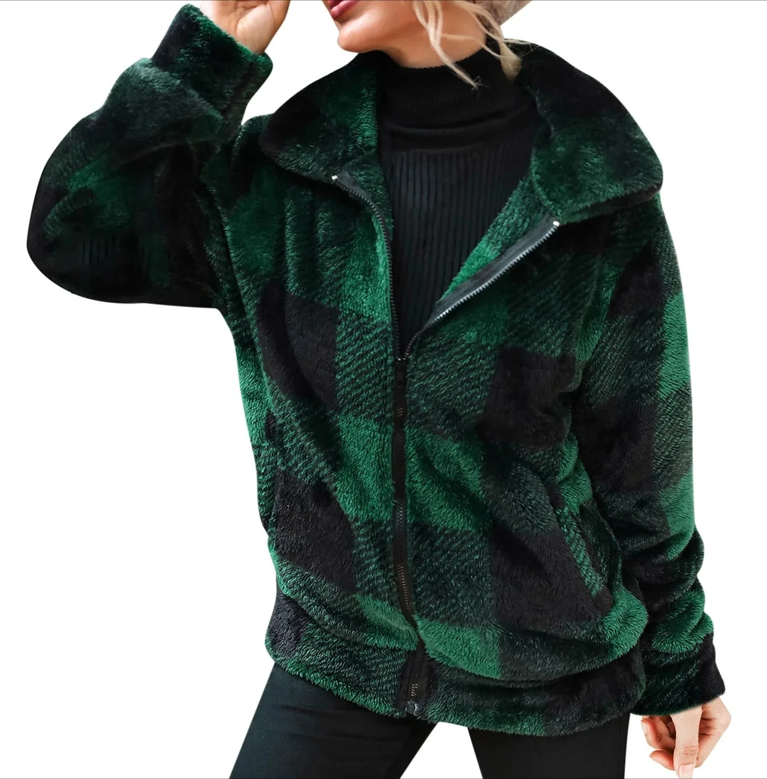 

Women's Plaid Fleece Jacket Stand Collar Zip Front Long Sleeve Loose Fit Cozy Winter Coat Warm Fuzzy Casual Outerwear