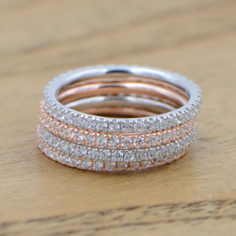 Anillos apilables de plata de Color oro rosa auténtico, anillo de boda clásico Simple para mujer, sello S925, joyería exquisita Cz para mujer al por mayor