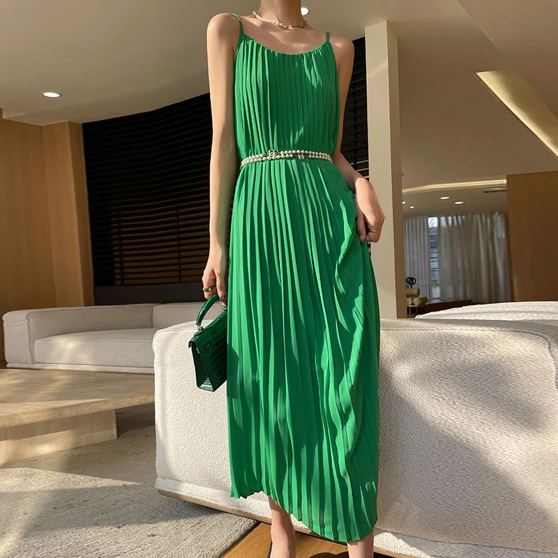 Verão novo dobrado strapl cetim sentir longo dr feminino camada de base emagrecimento na altura do joelho a linha vestido commute cintura alta