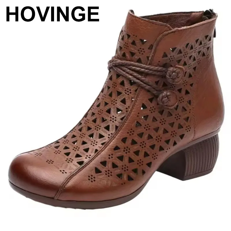 

5CM Women Thick Heel Ankle Boots Summer Handmade Retro Style Genuine Leather Zipper Breathable Hollow Casual Mom Short Boots