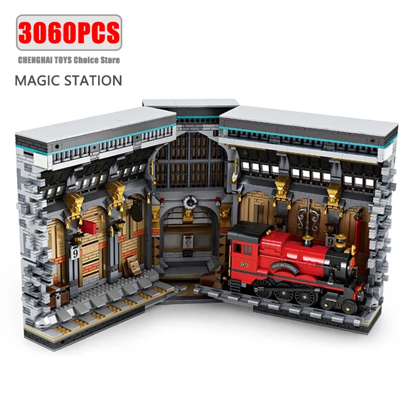 

3060PCS Train Station Magic Bookend MOC Model Building Blocks Creative Street View Assembly Bricks Set With Light Kids Toys Gift