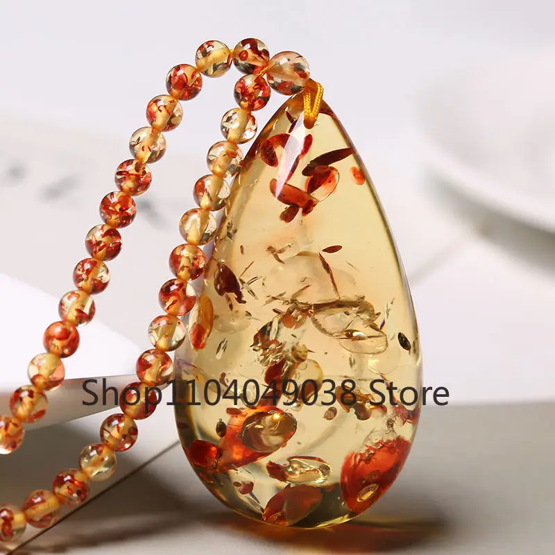 Natural Flower Amber Drop Pendant Sweater Chain Beeswax Necklace Fashion Exquisite Men's and Women's Gemstone Holiday Gift