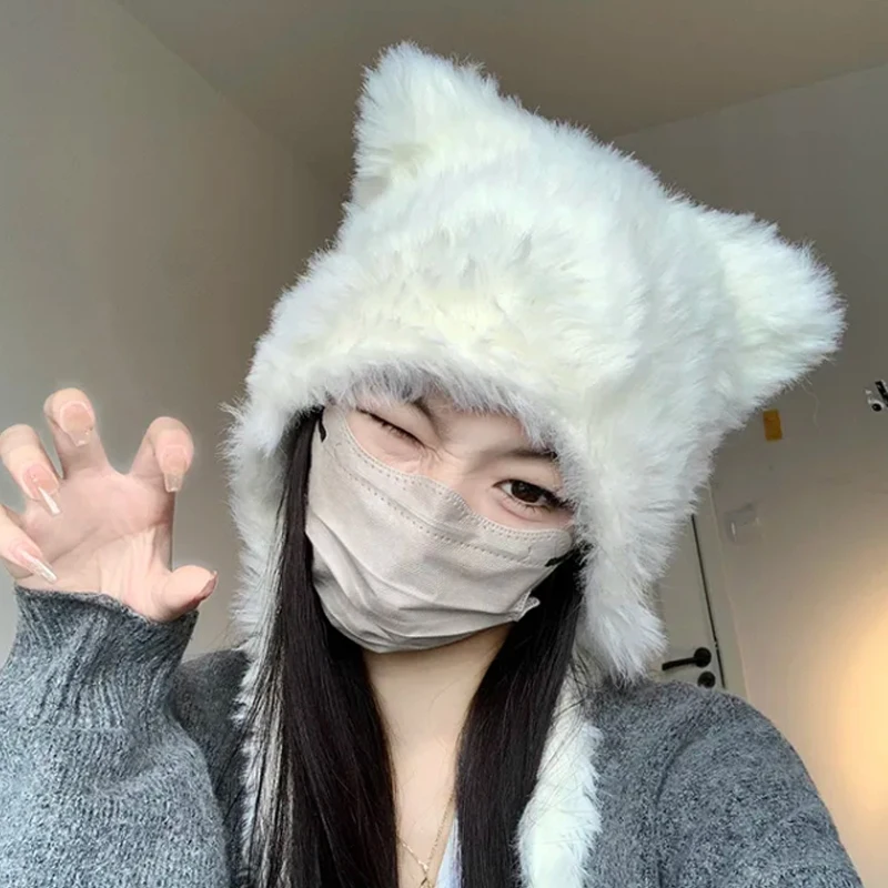 Japan Yabi y2K Devil Horn Winter Hat with Earflaps Women Autumn Winter Hood Warm Suede Ear Protection Set Head Cap Beanies