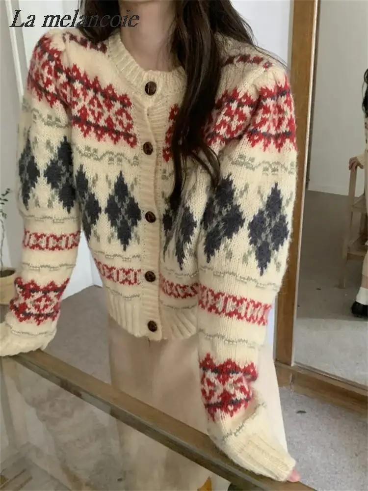 Ugly Christmas Sweater Women Vintage Button Up Knitted Jacquard Cardigan Jumpers Autumn Winter 2024 New Fashion Casual Knitwear