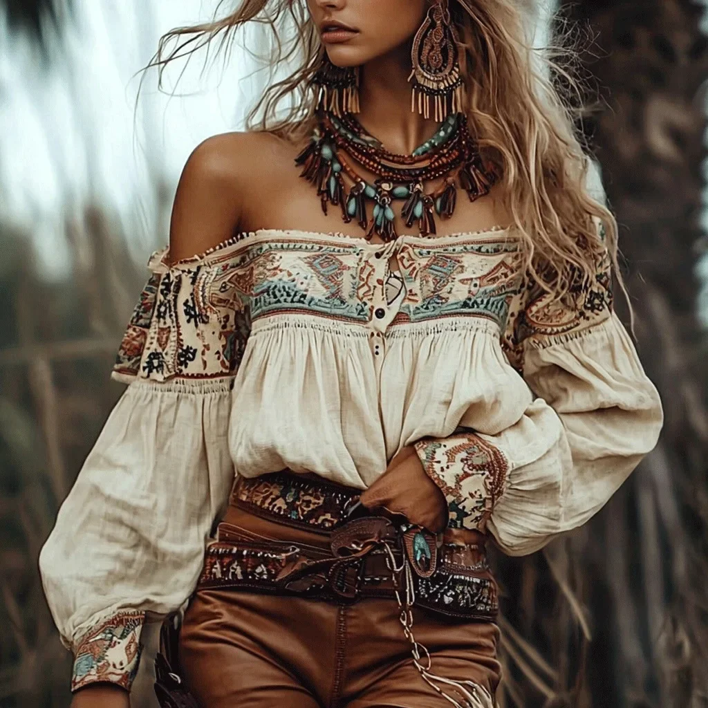

Chic Bohemian Off Shoulder Blouse with Ethnic Style Print Lantern Sleeves Single Breasted Shirts for Summer Autumn Casual Tops