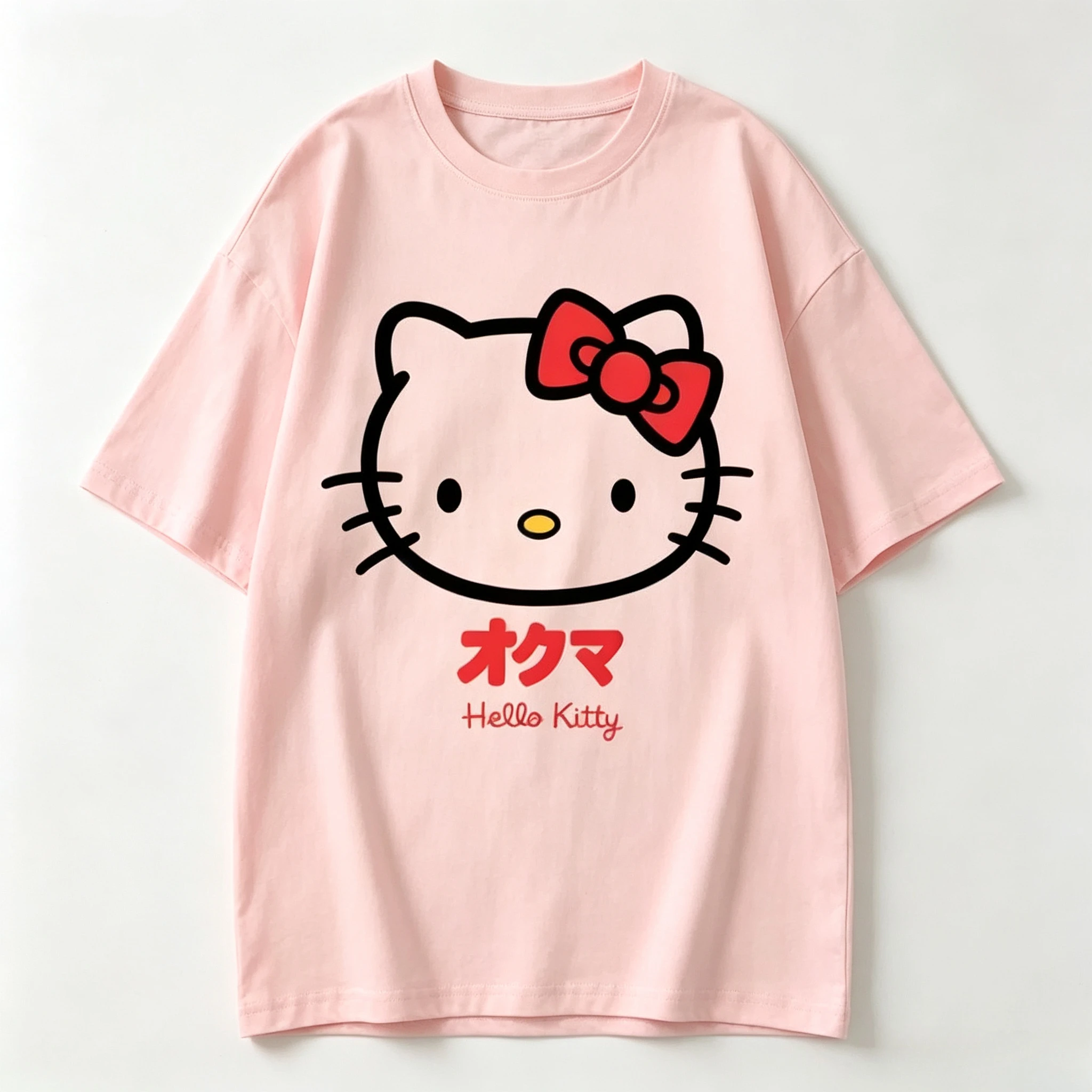 Women Hello Kitty T Shirt Sanrio Cartoon Line Graphic Letter Slogan Print Short Sleeve Cotton White Oversized Casual Tees