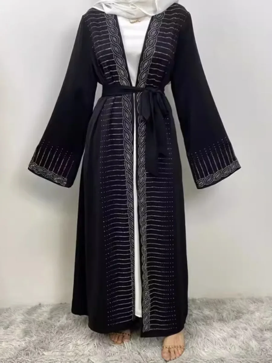 Eid Muslim Party Abaya for Women Diamond Pocket Ramadan Cardigan Long Dress Kaftan Vestidos Largos Dubai Robe Jalabiya 2024