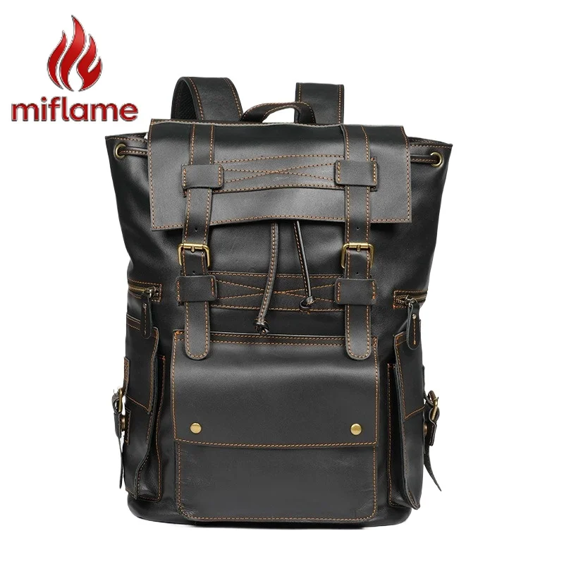 

Men's Genuine Black Cowhide Leather Backpack Large Capacity 18 Inch Travel Hiking Trekking Outdoor Rucksack