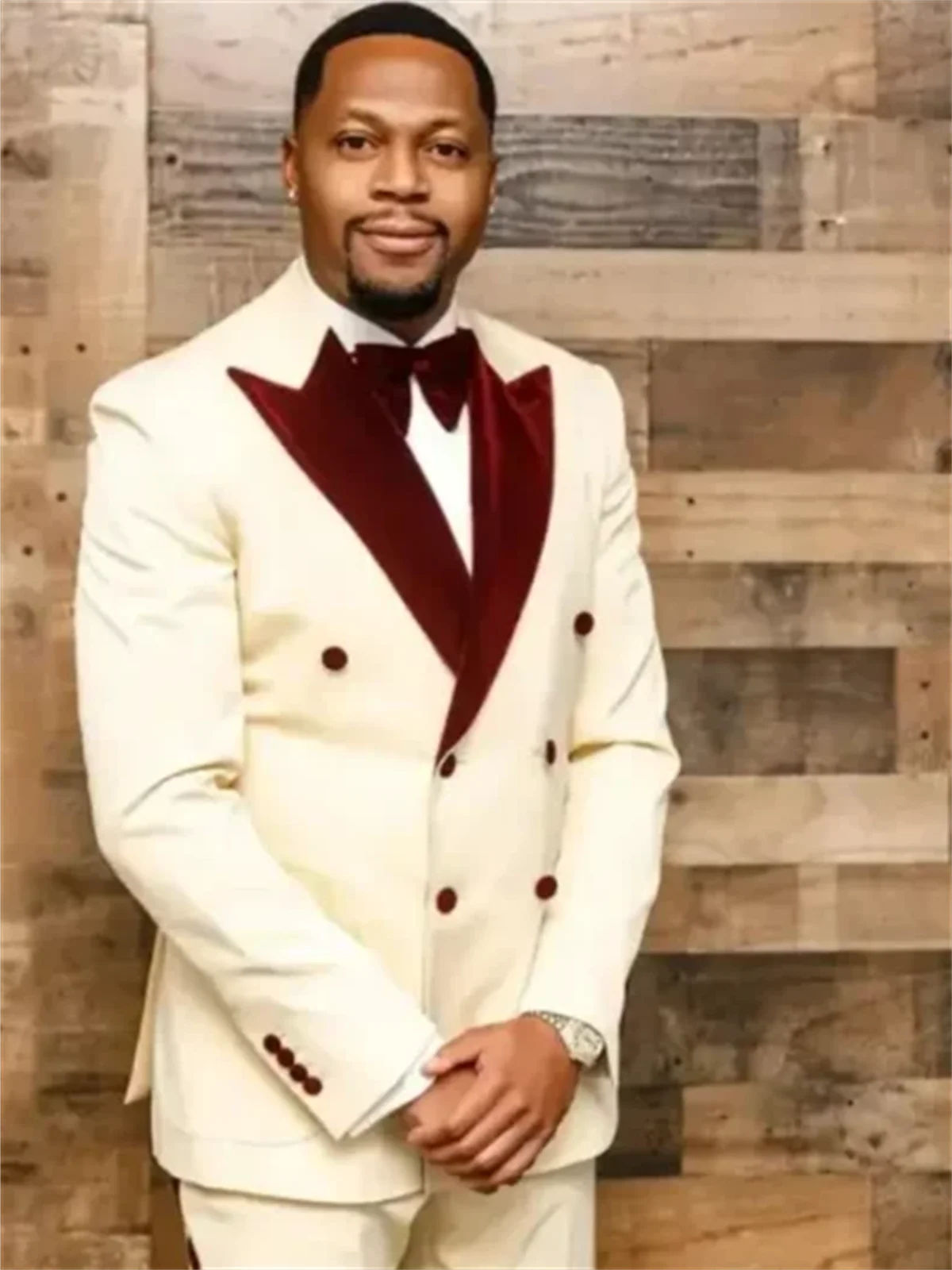 

Ivory Mens 2 Pieces Suits Burgundy Peaked Lapel Double Breasted Wedding Dress Groom Tuxedos Tailored Jacket Pants For Man