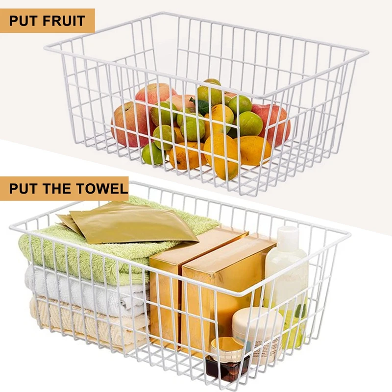 2 Pack Wire Storage Baskets, Farmhouse Metal Wire Basket Freezer Storage Organizer Bins With Handles