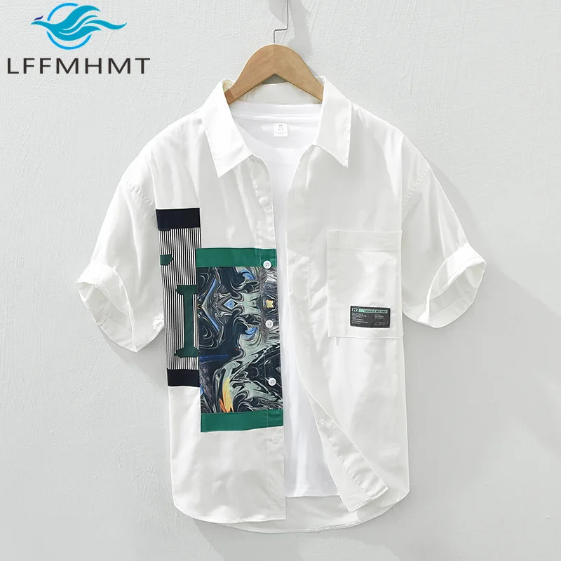 

Мужская винтажная рубашка с коротким рукавом, креативным принтом и пэчворком, свободного кроя, повседневная, модель 2521