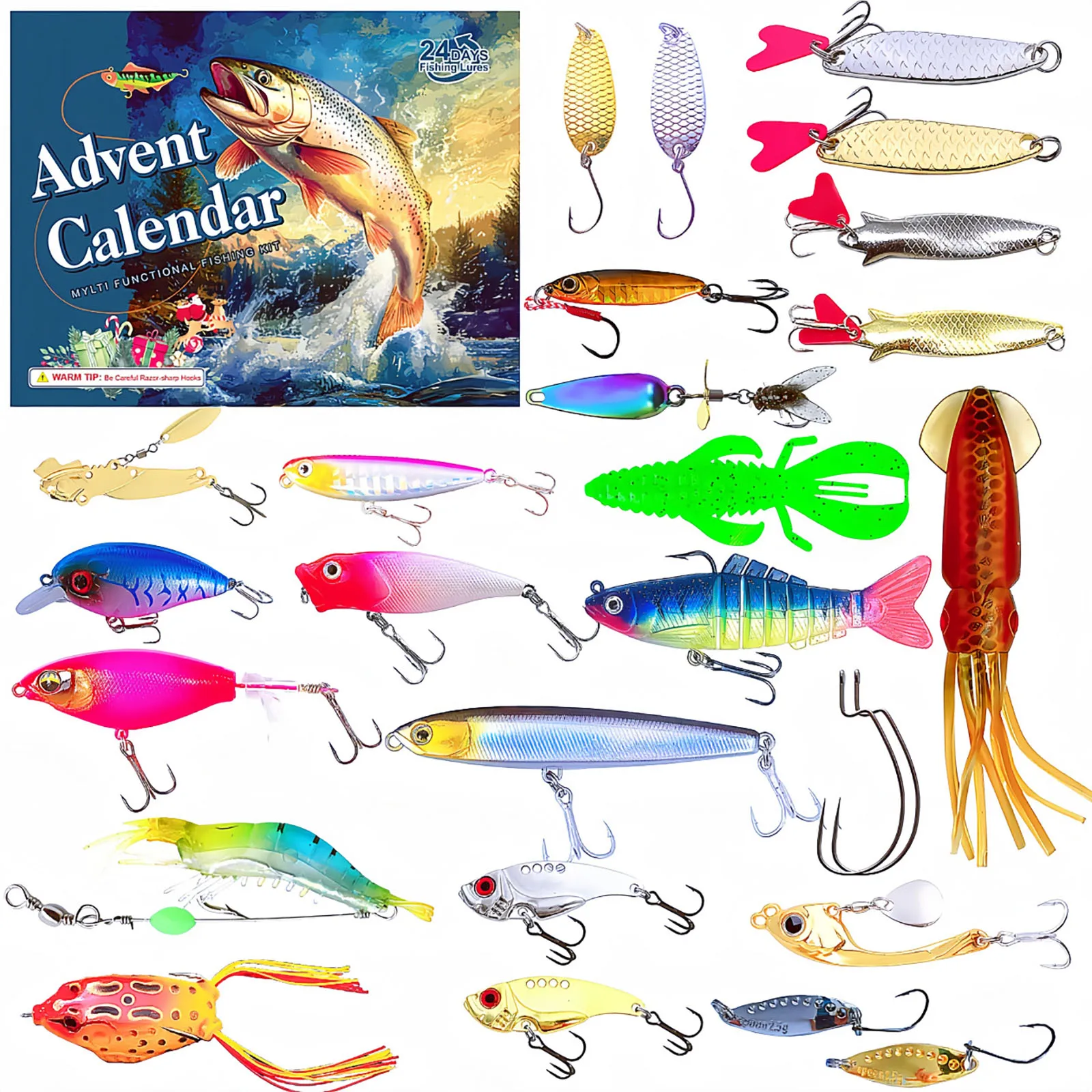 24 Pezzi Esche da Pesca Set Vari Esche Artificiali Ganci e Attrezzatura Accessori Esca da Pesca Cieca Scatola per Pescatore Regalo di Festa
