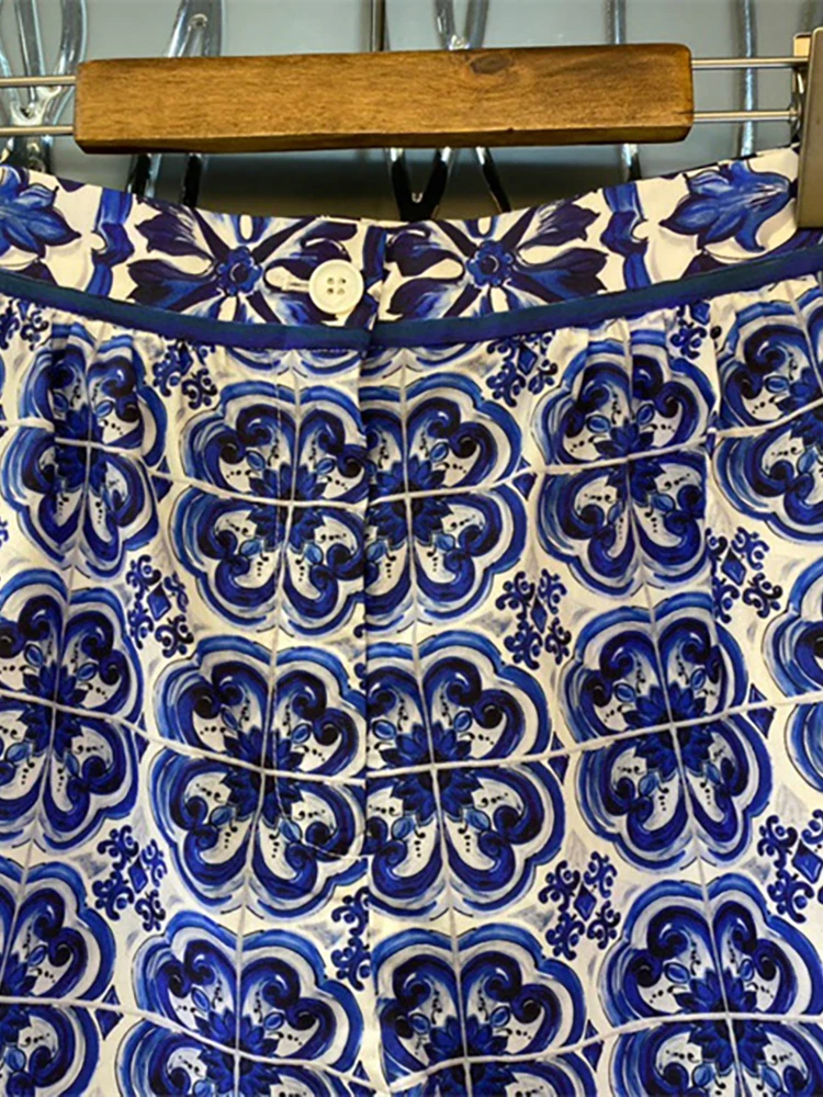 Delocah High Quality Summer Women Fashion Designer Cotton Shorts High Waist Blue And White Porcelain Printed Wide Leg Shorts