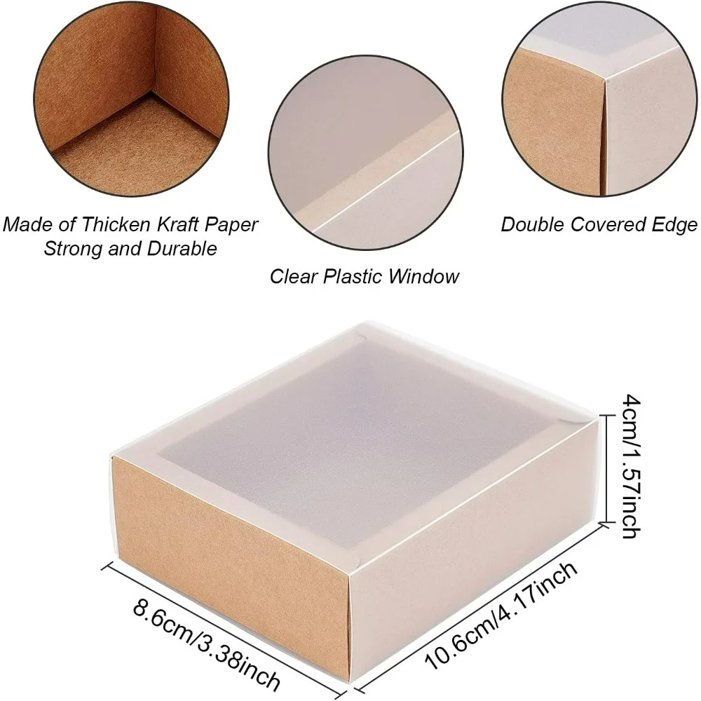 12 Pack Kraft Paper Gift Boxes with PVC Frosted Cover 4x3.5x1.5 Inch Kraft Paper Drawer Box for Cake Cookie Candy Soap