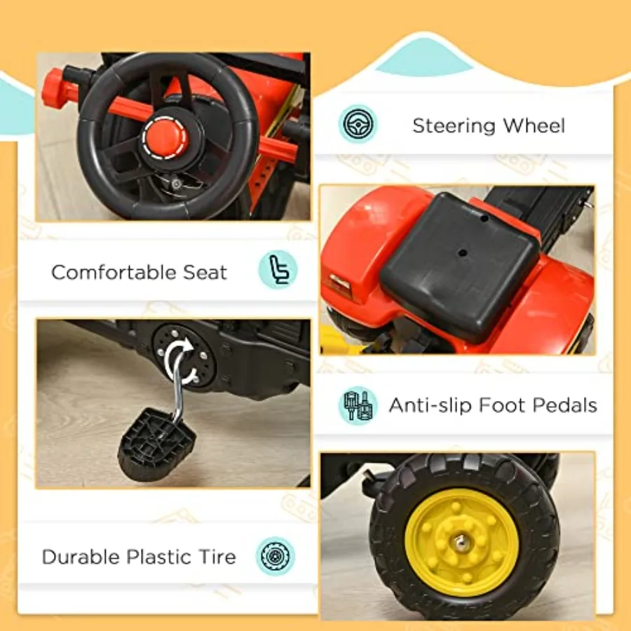 3-in-1 kinderrit op graafmachine/buldozer, pedaalauto graafmachine speelgoed verplaats vooruit/achter met 6 wielen en afneembare vrachtwagen