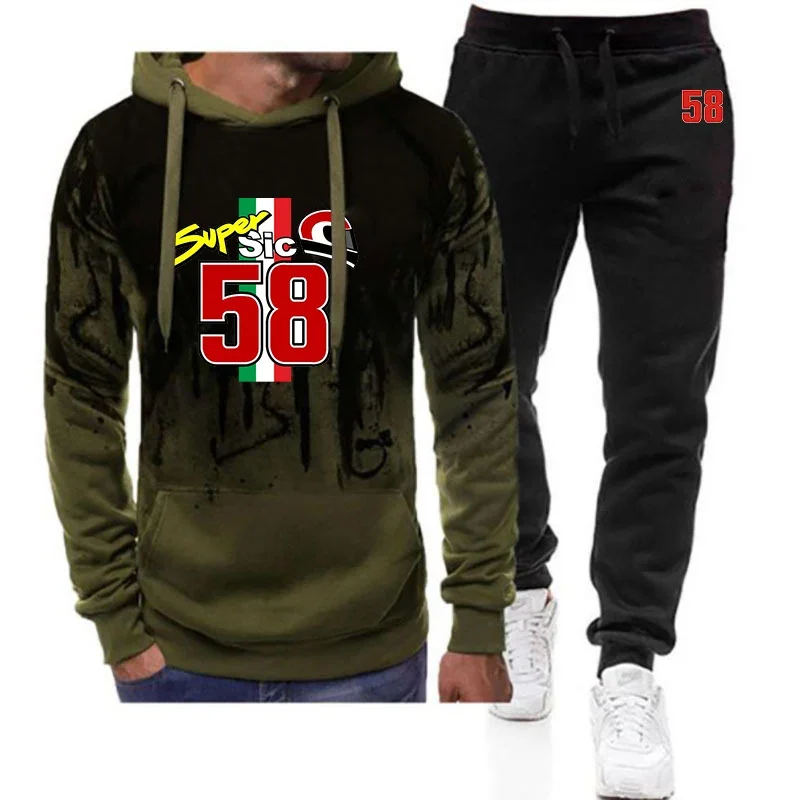 58 Super Sic Marco Simoncelli New Spring Autumn Printed Mens Hoodies Casual Tops + Trousers Fashion Gradient Color Sets