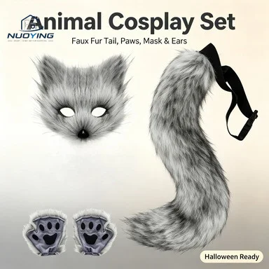 Erwachsenen-Therian-Tier-Cosplay-Zubehörset, Kunstfell-Fuchsschwanz, Katzenpfoten-Handschuhe, Ohren-Stirnband mit Gesichtsmaske für Halloween-Maskenball-Party
