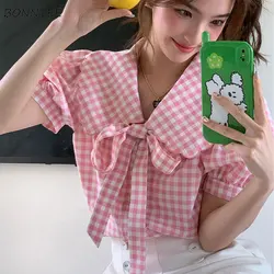 Pink Plaid Shirts Women Peter Pan Collar Sweet Panelled Girlish Bandage Temper Kawaii Clothes Baggy Summer  Korean Fashion