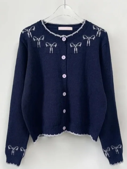 Elegancki sweter rozpinany damski na jesień i zimę, z węzłem, kolorowy, słodki, z kwiatowym haftem, przeciwstarzeniowy, dzianinowy, z okrągłym dekoltem...
