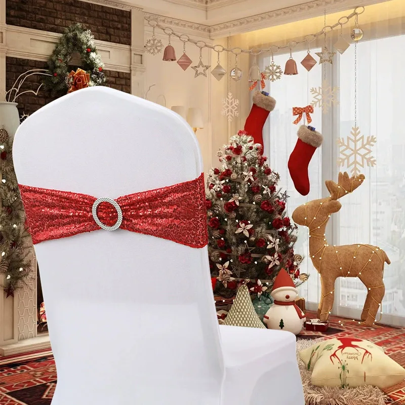 Glitter Chair Knot Heart Buckle Wedding Chair Sash Spandex Bow Tie Stretch Holiday Birthday Party Festival Celebration Hotel