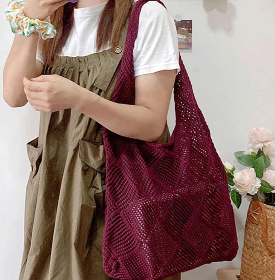 

Knitted Mesh Women Shoulder Bag Summer Hollow Out Beach Bag Solid Color Large Capacity Underarm Bag Shopping Handbag for Female