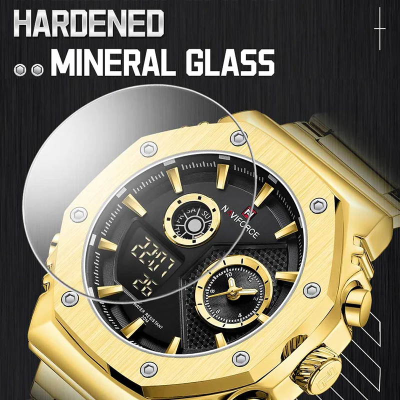 NAVIFORCE Men\'s Sport Watch Stainless Steel Strap Waterproof Quartz Wristwatch Male LCD Display Durable Clock Relogio Masculino