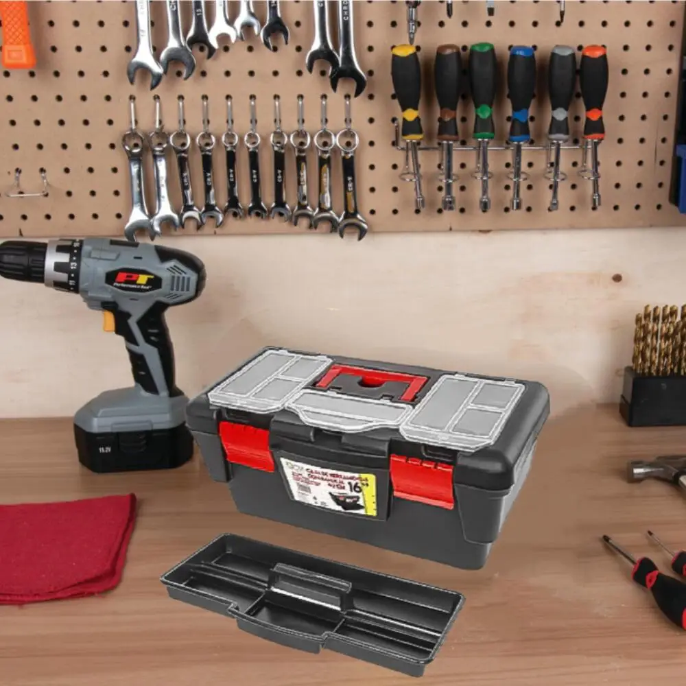 Caja de herramientas de plástico multifuncional – con bandeja y asa plegable, diseño robusto y duradero, material resistente al desgaste, fácil de transportar, adecuada para guardar herramientas, tornillos, tuercas y pernos. (40x21x17CM, Tipo A)
