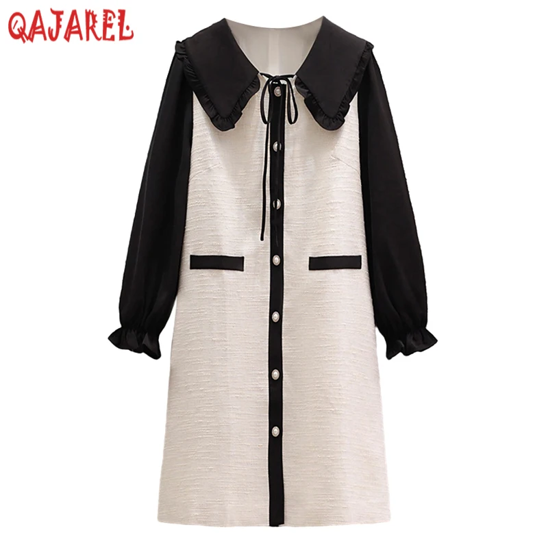 

Autumn Winter White Patchwork Long Sleeve Mini Dress Women Luxury Chic Ruffled Doll Collar Dress 2024 Korean Elegant Night Dress