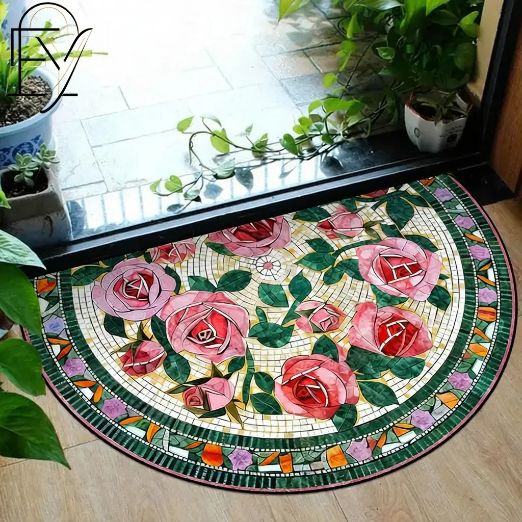 Half Circle Felt Doormat Mandala Medallion in Orange Blue and Purple on Black Non Slip Mat for Hallway Floor