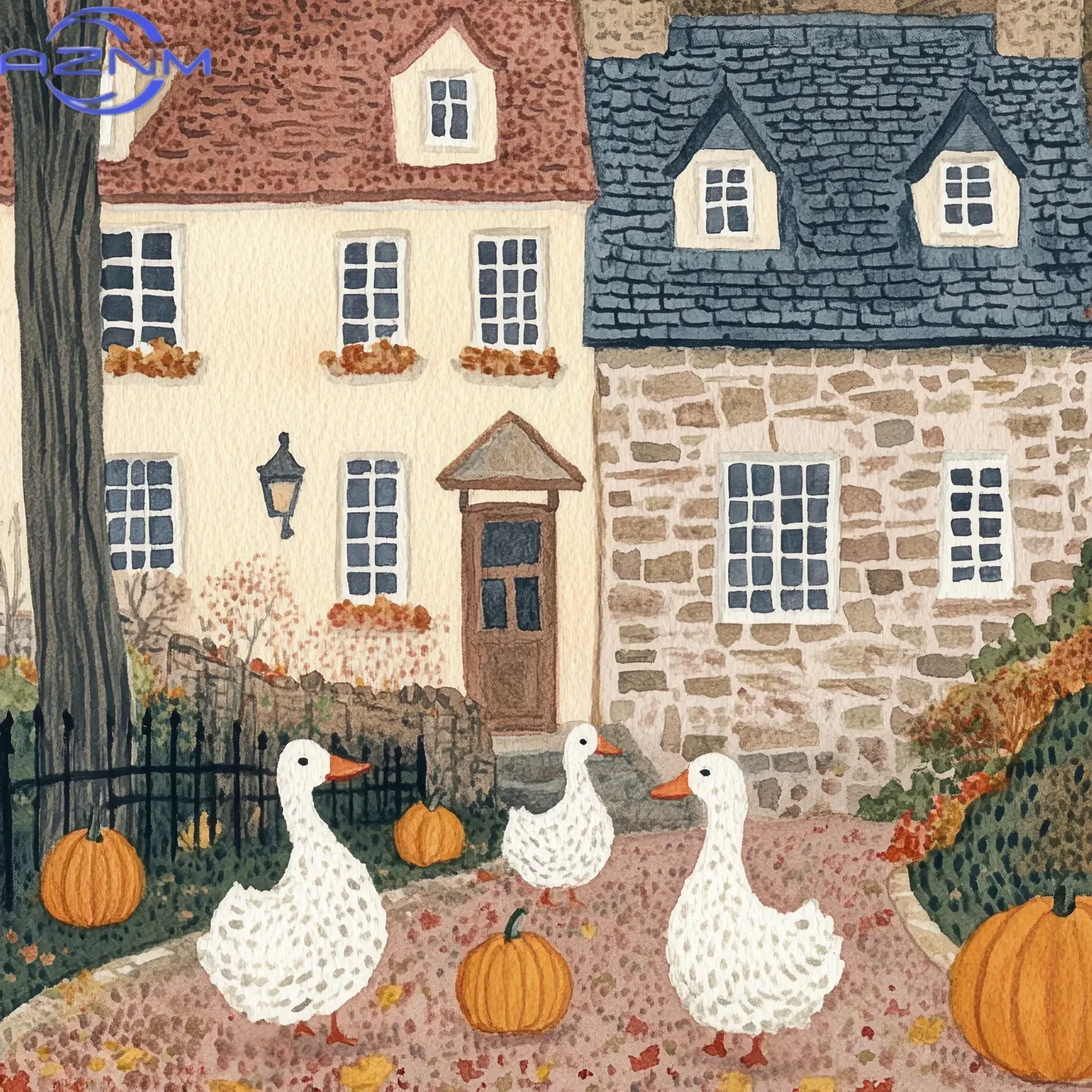 AZNM Autumn Village Print Farmhouse Decor Wall Art Duck with Pumpkin Digital Download Fall Pumpkin Printable Cozy Fall Print Rus