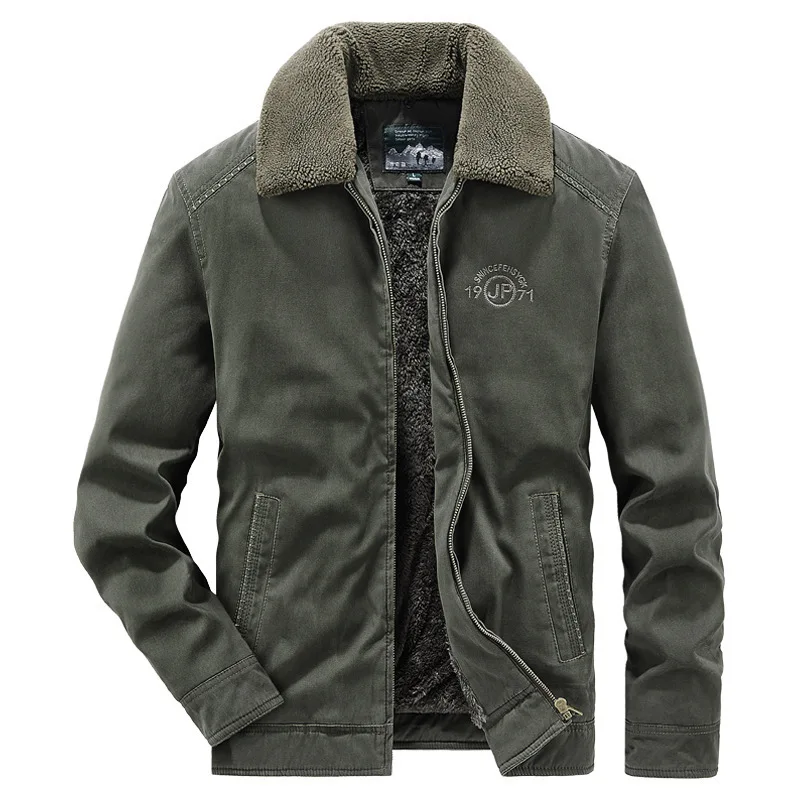 Winter Men's Plus Fleece Collar Jacket Casual Loose Large Size Solid Color Thick Cotton Jacket