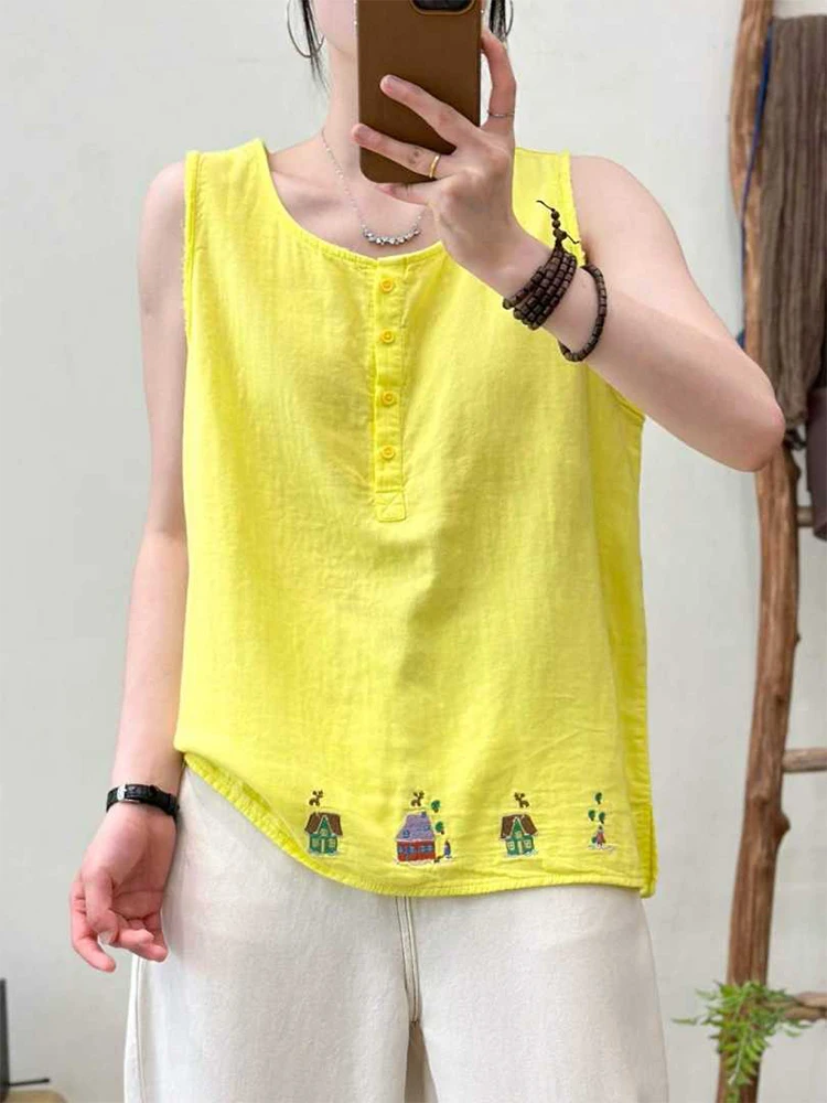 Amax LuluE Summer Fashion Tops Womens Embroidery Loose Sleeveless T-shirts Ladies Luxury Elegant Casual Cartoon Cotton Tank Tees