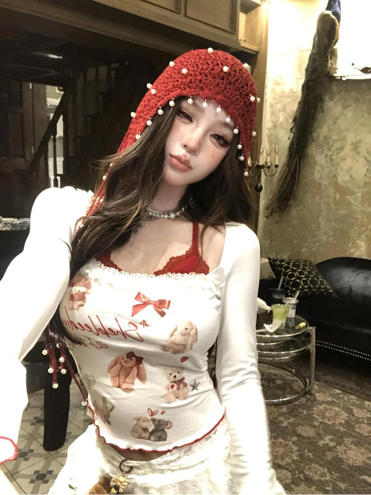 Autumn Vintage Y2k Crop Top Blouse Women Long Sleeve Bodycon Korean Fashion Clothing Sexy T-shirts Female Christmas New Years