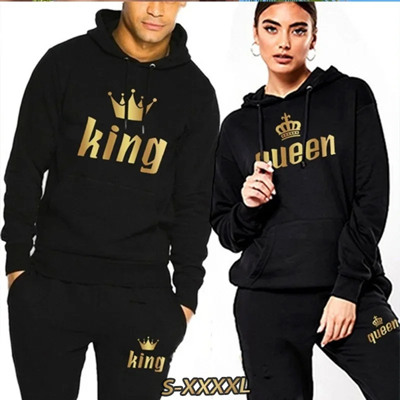 Fashion Couples Sportwear Set KING or QUEEN Printed Lover Hooded Suits Hoodie and Pants 2pcs Set Streetwear Men Women Sweatshirt