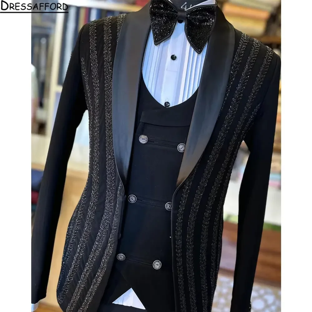 Black Suits Men For Wedding 3 Pieces Jacket Vest Pants Crystal Beaded Groom Tuxedo Formal Business Banquet