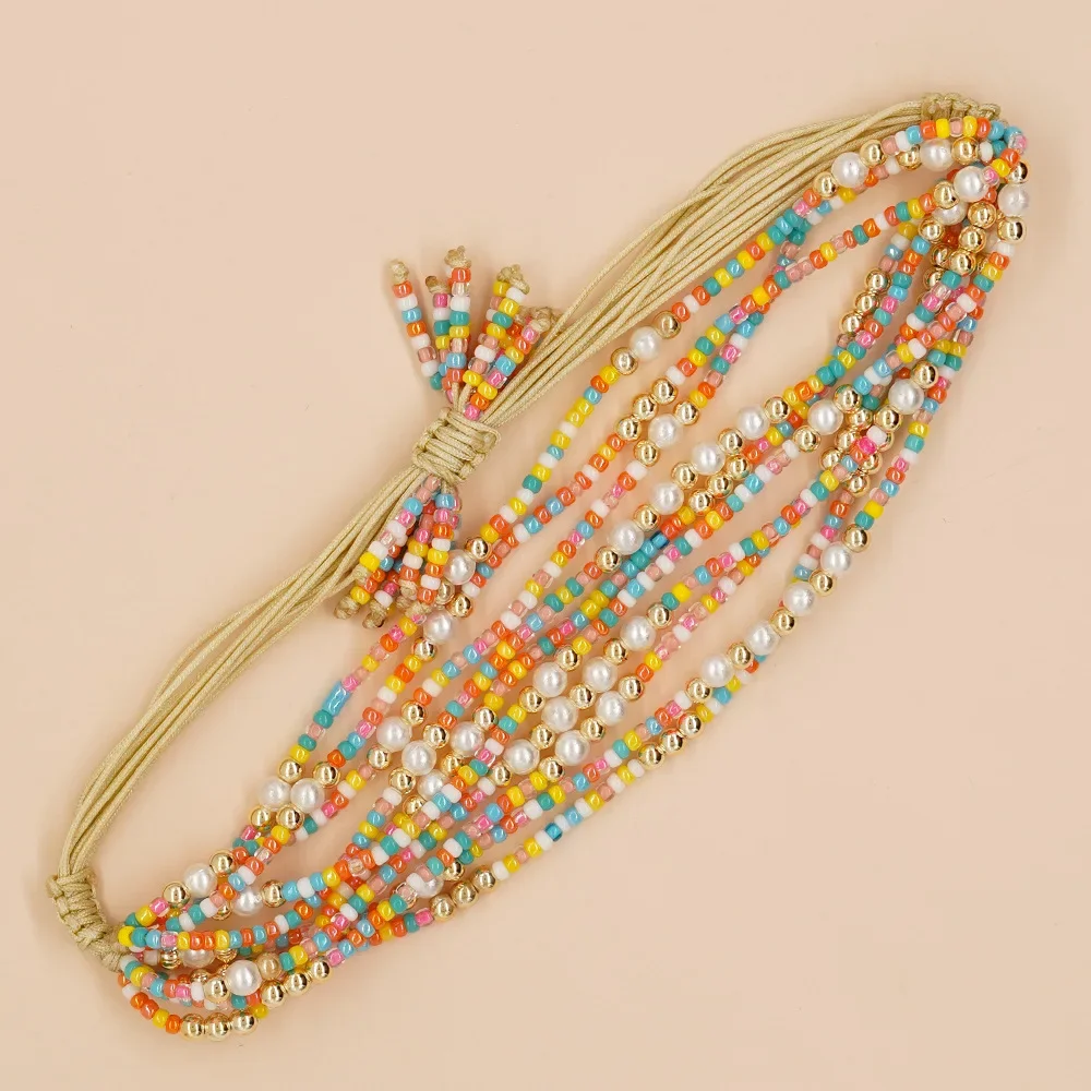 

Браслет из бисера Жемчужный многослойный ручной вязки Регулируемый богемный прилив Простой женский браслет из рисовых бусин с хромой