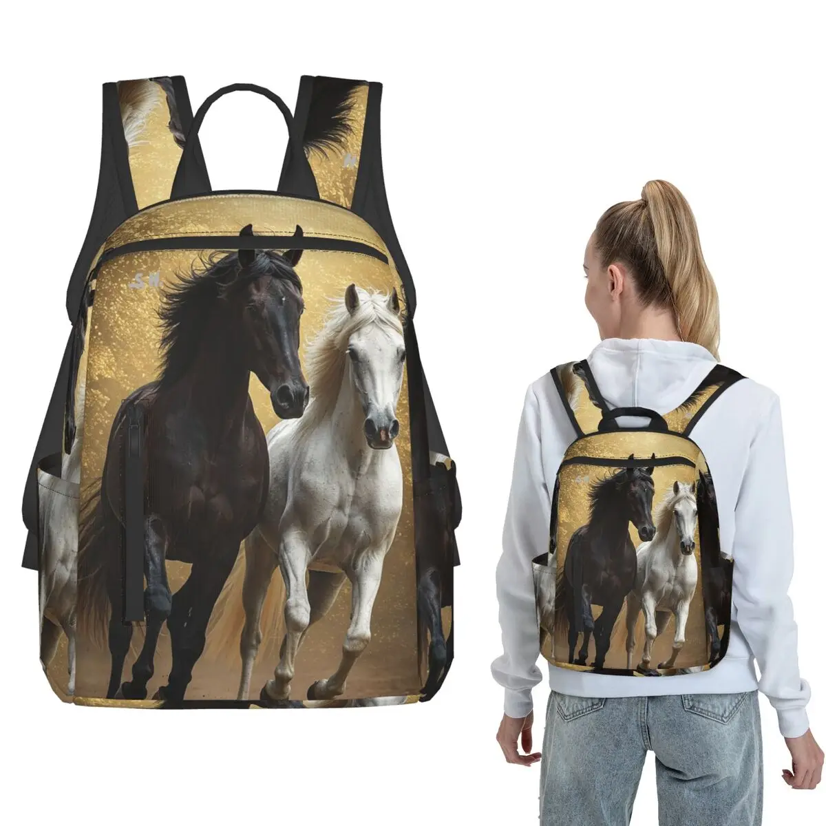 

White Horse And Dark Horse Backpack Daypack Kids BookBag School Bag Shoulder Bags for Men Women