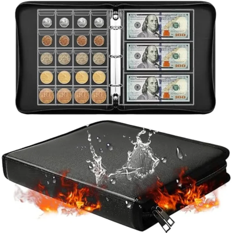 For Fireproof Coin Collection Holder 400 Pocket Fireproof Coin Album and 12 Banknote Fireproof Storage Pack