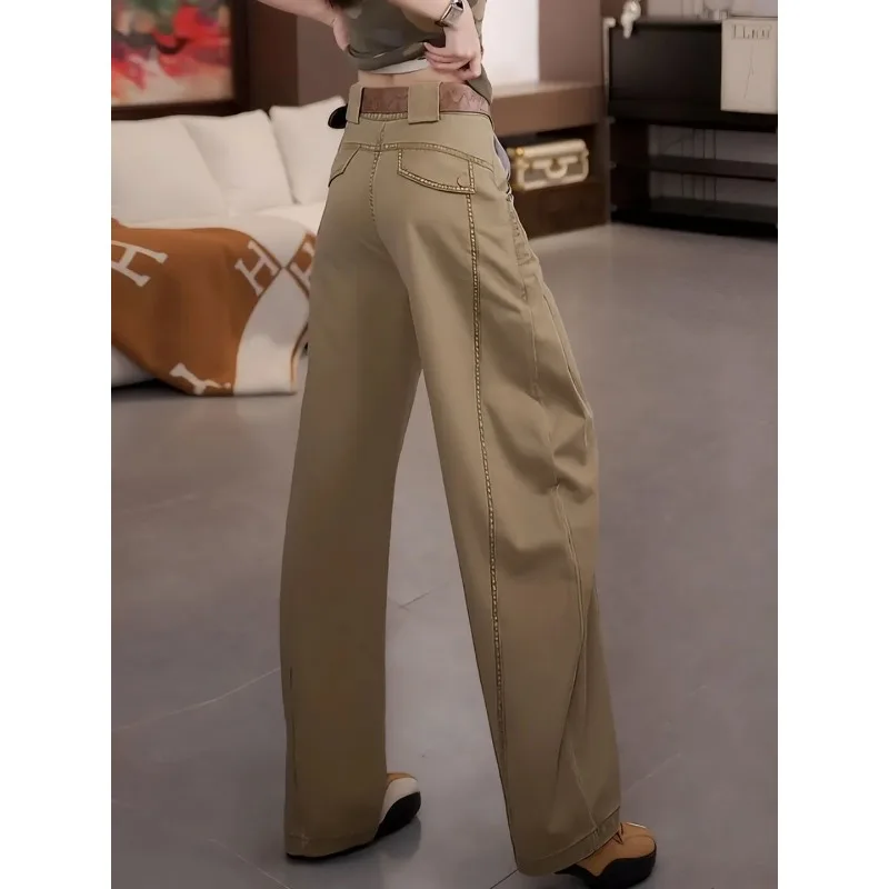 Fashion Khaki Overalls Women's 2026 Autumn New High-waisted Straight Scimitar Pants Versatile Casual Wide-leg Pants