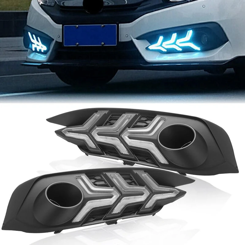 LED Daytime Running Light For Honda Civic 2016-2018, 3 Color DRL Driving Fog Lamp Amber Turn Signal Light Assembly