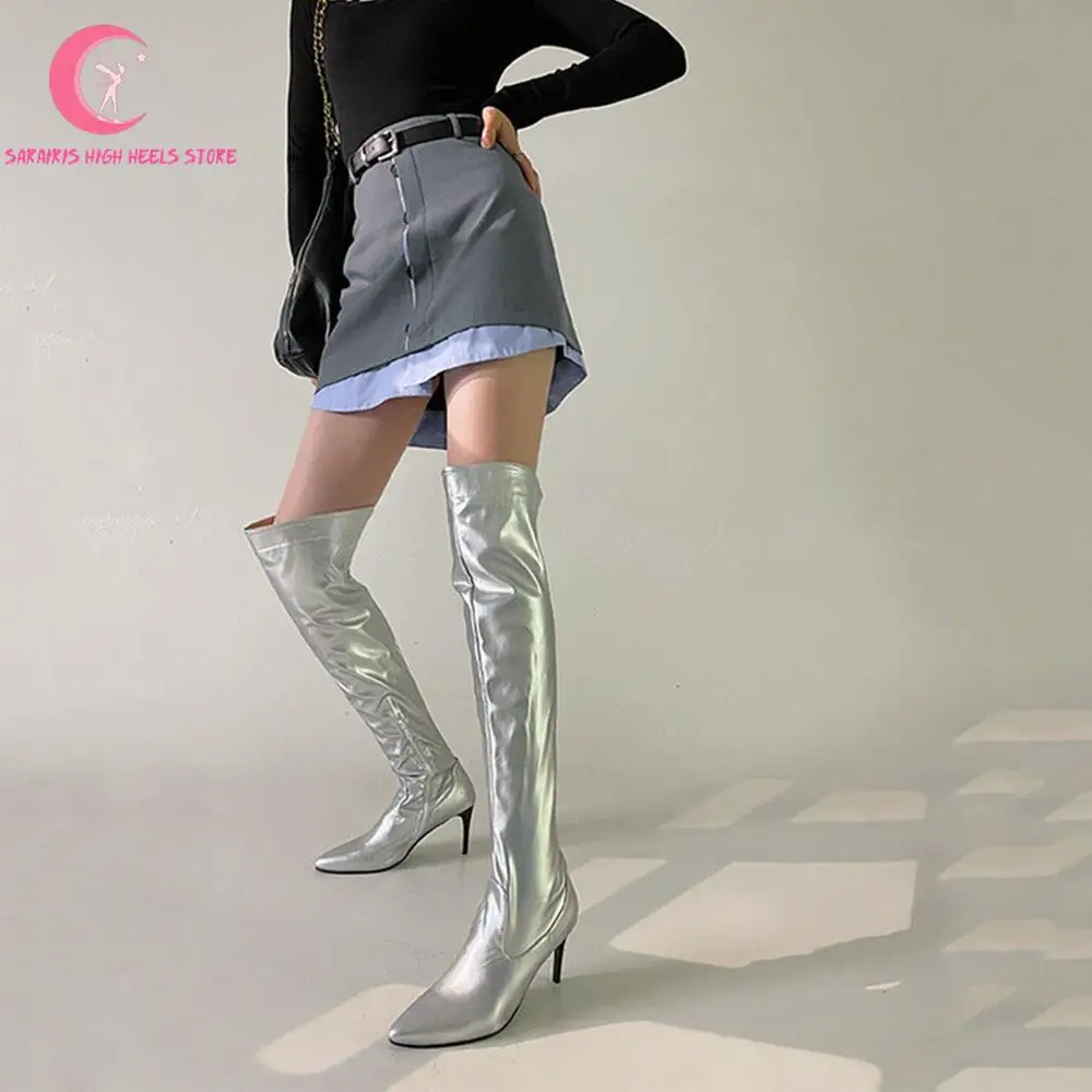 Sexy Metallic Stiletto High Heels Over Knee Women Boots Brand New Fashion Pointed Glitter Ladies Boots Bling Dancing Shoes Women