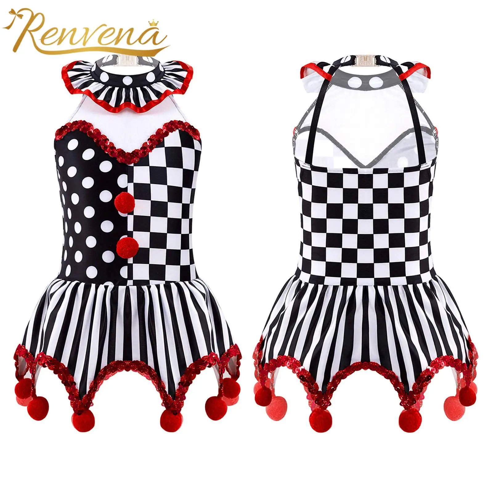 Kids Circus Clown Cosplay Joker Costume Girls Halloween Carnival Party Dressy Children Fancy Dress Grid Pompoms Leotard Dress
